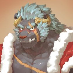 Rule 34 | 1boy, absurdres, bara, blue hair, blush, broken horn, clenched teeth, curled horns, facial scar, fangs, fur-trimmed jacket, fur trim, furry, furry male, grey fur, highres, horns, jacket, krampus (housamo), long sideburns, looking at viewer, male focus, mature male, medium hair, mowang yu, muscular, muscular male, official alternate costume, open clothes, open jacket, pectoral cleavage, pectorals, portrait, red jacket, santa costume, scar, scar across eye, scar on cheek, scar on chest, scar on face, scar on forehead, sideburns, solo, sweatdrop, teeth, thick eyebrows, tokyo houkago summoners, upper body