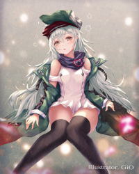 Rule 34 | 1girl, artist name, black thighhighs, brown eyes, g11 (girls&#039; frontline), girls&#039; frontline, green hat, h2o (dfo), hat, jacket, long hair, looking at viewer, sitting, solo, thighhighs, white hair
