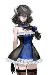 Rule 34 | 1girl, black gloves, black hair, black thighhighs, bloodstained: ritual of the night, bow, bowtie, breasts, dress, earrings, elbow gloves, eyebrows hidden by hair, garter straps, gloves, grey eyes, hair between eyes, highres, holding, horns, jewelry, leopardargento, looking at viewer, miriam (bloodstained), short hair, simple background, skindentation, sleeveless, sleeveless dress, smile, solo, thighhighs, white background