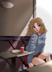 Rule 34 | 1girl, american flag, blonde hair, burger, commentary, cup, disposable cup, drinking straw, food, girls und panzer, grey jacket, hair intakes, highres, indoors, jacket, kay (girls und panzer), long hair, looking at viewer, miniskirt, nasa logo, open mouth, pleated skirt, red sky, restaurant, sitting, skirt, sky, solo, window, yellow eyes, zono (inokura syuzo029)