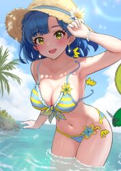 Rule 34 | 1girl, bikini, blue hair, blue sky, breasts, brown hat, c (theta), cloud, commentary request, day, earrings, flower hat, green eyes, hat, highres, idolmaster, idolmaster million live!, jewelry, large breasts, nanao yuriko, navel, ocean, open mouth, outdoors, partially submerged, sky, smile, solo, striped bikini, striped clothes, swimsuit, wardrobe malfunction