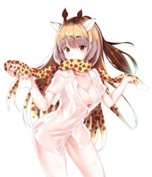 Rule 34 | 10s, 1girl, absurdres, animal ears, animal print, bad id, bad pixiv id, breasts, brown eyes, brown hair, cleavage, collared shirt, covered mouth, dress shirt, giraffe ears, giraffe horns, giraffe print, gradient hair, hands up, highres, horns, kemono friends, leaning forward, long hair, looking at viewer, medium breasts, multicolored hair, naked shirt, open clothes, open shirt, pikunoma, print scarf, reticulated giraffe (kemono friends), scarf, see-through, shirt, short sleeves, simple background, solo, very long hair, white background, white hair, white shirt, yellow scarf