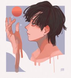 Rule 34 | 1boy, adam&#039;s apple, bishounen, black hair, blue background, border, brown eyes, closed mouth, commentary request, from side, hand up, highres, kagoya1219, male focus, melting, moon, original, outside border, portrait, profile, red moon, short hair, signature, solo, upper body, white border