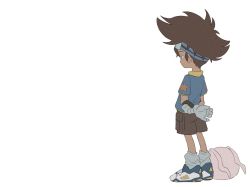 Rule 34 | 1boy, black footwear, blue shirt, brown hair, brown shorts, child, digimon, digimon (creature), digimon adventure, from behind, from side, gloves, goggles, goggles on head, grey gloves, hamoo8686, highres, koromon, male focus, medium hair, profile, shirt, shoes, short sleeves, shorts, simple background, standing, white background, white footwear, yagami taichi