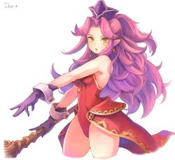 Rule 34 | 1girl, absurdres, angela (seiken densetsu 3), cropped legs, earrings, gloves, green eyes, hat, highres, jewelry, leotard, long hair, pointy ears, purple gloves, purple hair, seiken densetsu, seiken densetsu 3, sho.t, solo, staff, white background