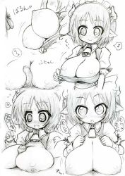 Rule 34 | 1girl, alexi (tits!), apron, bell, blush, bow, breasts, breasts out, cleavage, comic, cow girl, cow horns, cowbell, elfeda, elfleda mirjasdottir, flaccid, foreskin, greyscale, horns, huge breasts, lotte no omocha!, maid, maid apron, male pubic hair, monochrome, musical note, nipples, open mouth, paizuri, penis, pointy ears, pubic hair, quaver, solo focus, speech bubble, spoken musical note, traditional media, uncensored