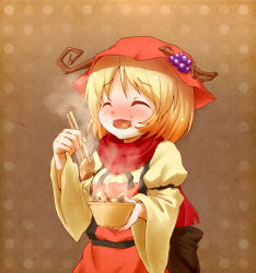 Rule 34 | 1girl, ^ ^, aki minoriko, apron, arinu, blush, bowl, chopsticks, closed eyes, eating, closed eyes, female focus, food, food in mouth, food on face, fruit, grapes, hat, juliet sleeves, long sleeves, open mouth, puffy sleeves, scarf, shirt, solo, steam, touhou, wide sleeves