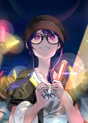 Rule 34 | 1girl, bespectacled, black headwear, black shirt, blouse, blush, breasts, clenched teeth, collarbone, commentary request, funi mu9, glasses, glowstick, highres, holding glowstick, hoshino ai (oshi no ko), medium breasts, night, night sky, open mouth, oshi no ko, people, purple eyes, shirt, short hair with long locks, sidelocks, sky, solo focus, sparkle, star-shaped pupils, star (sky), star (symbol), symbol-shaped pupils, teeth, upper body, white shirt