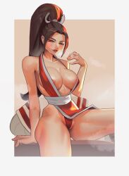 Rule 34 | 1girl, areola slip, bare shoulders, breasts, brown hair, cleavage, fatal fury, high ponytail, highres, large breasts, lips, long hair, ninja, panties, shiranui mai, sitting, sleeveless, sweat, the king of fighters, twt4gn, underwear