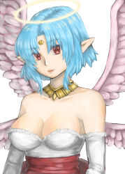 Rule 34 | 1girl, bare shoulders, blue hair, breasts, chickenkue, cleavage, closed mouth, dress, elbow gloves, facial mark, feathered wings, filia (star ocean), forehead jewel, forehead mark, gloves, halo, highres, jewelry, large breasts, looking at viewer, medium breasts, pointy ears, red eyes, short hair, simple background, smile, solo, star ocean, star ocean the second story, white background, wings