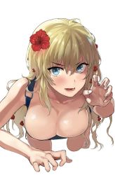 Rule 34 | 1girl, all fours, barefoot, blonde hair, blue eyes, blush, breasts, claw pose, cleavage, collarbone, flower, foreshortening, hair flower, hair ornament, hareno chiame, large breasts, long hair, looking at viewer, open mouth, original, overalls, simple background, smile, solo, tsurime, white background