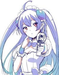Rule 34 | 1girl, ahoge, blue hair, blue wrist cuffs, blush stickers, bow, bowtie, breasts, brown eyes, character request, cleavage, collar, commentary request, copyright request, detached collar, dress, eyelashes, frilled sleeves, frilled wrist cuffs, frills, gradient hair, gun, hair bow, hair ornament, hand up, handgun, holding, holding gun, holding weapon, long hair, maid headdress, medium breasts, multicolored hair, parted lips, pointing, pointing at viewer, pointing gun, puffy short sleeves, puffy sleeves, purple bow, purple bowtie, purple hair, short sleeves, simple background, sleeveless, sleeveless dress, solo, two side up, upper body, waist bow, weapon, white background, white bow, white collar, white headwear, white sleeves, witoi (roa), wrist cuffs
