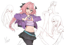 Rule 34 | 1boy, 2girls, ahoge, animal ears, ankle strap, aqua belt, arm support, artist name, ass, astolfo (fate), astolfo (memories at trifas) (fate), bikini, black bow, black pantyhose, blush, bow, braid, crop top, cropped jacket, cropped shirt, crown braid, fang, fate/apocrypha, fate (series), from behind, hair bow, hair intakes, heart, heart hands, highres, hood, hooded jacket, hugging own legs, jacket, long braid, long hair, male focus, midriff, multicolored hair, multiple girls, open mouth, pantyhose, pink hair, pleated skirt, pom pom (clothes), purple eyes, purple jacket, rabbit ears, shirt, shou xian wu, sidelocks, simple background, single braid, skin fang, skirt, star (symbol), streaked hair, striped clothes, striped shirt, swimsuit, trap, two-tone hair, v-neck, white background, white hair