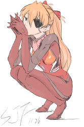 Rule 34 | 1girl, artist request, blue eyes, bodysuit, breasts, brown hair, evangelion: 3.0 you can (not) redo, eyepatch, full body, hair ornament, highres, long hair, looking at viewer, medium breasts, neon genesis evangelion, plugsuit, rebuild of evangelion, red bodysuit, skin tight, solo, souryuu asuka langley, squatting, two side up, white background