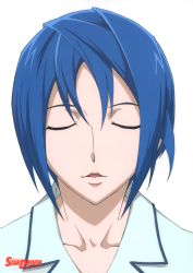 Rule 34 | 10s, 1boy, absurdres, blue hair, closed eyes, highres, incoming kiss, male focus, shindou sugata, simple background, solo, star driver, white background