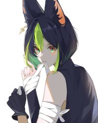 Rule 34 | 1boy, animal ear fluff, animal ears, asymmetrical clothes, bandaged arm, bandaged hand, bandages, bare shoulders, black gloves, black hair, black shirt, blunt ends, blush, closed mouth, commentary, earrings, eyelashes, fox ears, genshin impact, gloves, green eyes, green hair, hair between eyes, hands up, highres, jewelry, key (dearshine), looking at viewer, looking back, male focus, mouth hold, multicolored eyes, multicolored hair, red eyes, shirt, short hair, sidelocks, single earring, single glove, single sleeve, solo, tighnari (genshin impact), turtleneck, two-tone hair, white background