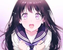 Rule 34 | 1girl, arms at sides, black hair, blue sailor collar, blush, chitanda eru, clenched hands, eyelashes, gradient background, hands up, hyouka, kamiyama high school uniform (hyouka), light particles, long hair, long sleeves, looking at viewer, mery (yangmalgage), neckerchief, open mouth, pink lips, purple background, purple eyes, purple neckerchief, purple theme, round teeth, sailor collar, school uniform, serafuku, shirt, smile, solo, sparkle, teeth, upper body, very long hair, white background, white shirt