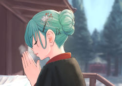 Rule 34 | 1girl, absurdres, alternate costume, alternate hairstyle, aqua hair, blurry, blurry background, breath, closed eyes, closed mouth, day, from side, hair bun, hair ornament, hairclip, hatsumoude, highres, kantai collection, kjrstele, lips, new year, outdoors, own hands together, praying, profile, single hair bun, solo, suzuya (kancolle)