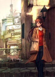 Rule 34 | 1girl, absurdres, black pants, braid, brown coat, brown eyes, brown hair, cat, city, closed mouth, coat, collared shirt, crown braid, day, earrings, highres, jewelry, long hair, looking to the side, open clothes, open coat, original, outdoors, pants, plaster (2501), red sweater, shirt, pants, solo, stairs, standing, sweater, white shirt