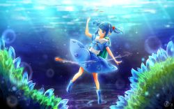 Rule 34 | 1girl, :o, arm up, backpack, bag, blue eyes, blue hair, boots, bubble, cattail, female focus, fish, goldfish, hair bobbles, hair ornament, kawashiro nitori, key, looking away, matching hair/eyes, no headwear, no headwear, plant, rubber boots, short hair, short sleeves, skirt, skirt set, solo, touhou, twintails, two side up, underwater, yennineii