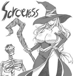 Rule 34 | 1girl, breasts, cleavage, dragon&#039;s crown, dress, greyscale, hat, hat over one eye, large breasts, legs, long hair, monochrome, rayno, side slit, skeleton, solo, sorceress (dragon&#039;s crown), staff, strapless, strapless dress, thighs, witch hat