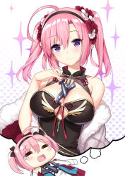 Rule 34 | 1girl, ahoge, alternate breast size, azur lane, between breasts, blush, bow, breasts, dreaming, dress, elbow gloves, gloves, hair bow, hair ribbon, hairband, highres, large breasts, long hair, looking at viewer, multiple views, open mouth, pink hair, purple eyes, ribbon, saratoga (azur lane), silveroid, smile, twintails, white gloves
