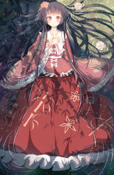 Rule 34 | 1girl, afloat, bamboo shoot, blush, bow, collarbone, dai dai maomotame, dress, flower, frilled dress, frills, full moon, hair flower, hair ornament, hand on own chest, highres, houraisan kaguya, light smile, long hair, looking at viewer, lying, moon, moonlight, on back, partially submerged, pink eyes, reflection, ripples, sky, sleeves past wrists, solo, space, star (sky), starry sky, touhou, very long hair, water, wide sleeves