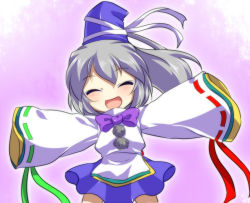 Rule 34 | 1girl, :d, bow, dairi, closed eyes, hat, hat ribbon, incoming hug, long sleeves, mononobe no futo, open mouth, outstretched arms, ponytail, ribbon, ribbon-trimmed sleeves, ribbon trim, shirt, silver hair, skirt, smile, solo, touhou, wide sleeves