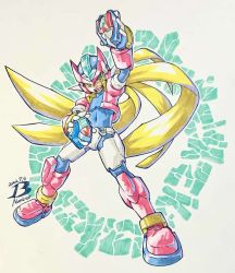 Rule 34 | 1boy, armor, artist logo, biometal, black bodysuit, blonde hair, bodysuit, boots, commentary request, cropped jacket, crotch plate, dated, forehead jewel, full body, green eyes, henshin pose, highres, holding, jacket, long hair, mega man (series), mega man zx, model x (mega man), model z (mega man), model zx (mega man), open clothes, open jacket, pn13ban, ponytail, power armor, red armor, red footwear, tagme, traditional media, vent (mega man)