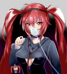 Rule 34 | 1girl, black dress, black hairband, breasts, choker, cleavage cutout, clothing cutout, crop top, dress, hairband, hood, hood down, long hair, mask, medium breasts, mouth mask, mow maki, red eyes, red hair, solo, strippin, tearing up, twintails, twitch.tv, underboob, upper body, very long hair, vrchat