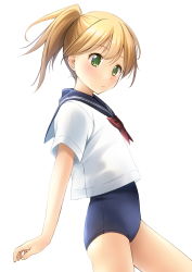 Rule 34 | 1girl, blonde hair, blue one-piece swimsuit, blue sailor collar, blush, bow, closed mouth, commentary request, from side, green eyes, highres, looking at viewer, looking to the side, one-piece swimsuit, original, ponytail, red bow, sailor collar, school swimsuit, school uniform, serafuku, shibacha, shirt, short sleeves, simple background, solo, swimsuit, swimsuit under clothes, white background, white shirt