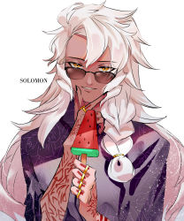 Rule 34 | 1boy, absurdres, alternate costume, arm tattoo, black nails, black shirt, braid, character name, dark-skinned male, dark skin, fate/grand order, fate (series), food, hair rings, han12sara, hand on own chin, hand tattoo, highres, holding, holding food, jewelry, long hair, looking at viewer, male focus, nail polish, orange eyes, popsicle, ring, shirt, simple background, single braid, smile, solo, solomon (fate), sunglasses, tattoo, watermelon bar, white background