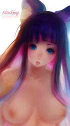 Rule 34 | 10s, 1girl, blue eyes, blue hair, breasts, colored inner hair, gainax, large breasts, long hair, matching hair/eyes, multicolored hair, nipples, nude, panty &amp; stocking with garterbelt, purple hair, solo, stocking (psg), two-tone hair, unfairr