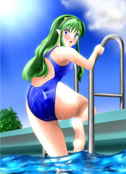 Rule 34 | 1girl, absurdres, ass, blue eyes, blue one-piece swimsuit, competition swimsuit, eyeshadow, green hair, highleg, highres, horns, long hair, lum, makeup, nanao futaba, one-piece swimsuit, oni, partially submerged, pointy ears, pool, pool ladder, poolside, reflection, shiny clothes, solo, swimsuit, urusei yatsura, water, wet, wet clothes, wet swimsuit