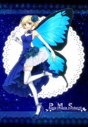 Rule 34 | 1girl, blonde hair, butterfly wings, dress, fairy, flower, hair flower, hair ornament, high heels, insect wings, original, shoes, solo, thighhighs, wings, yu tou ebi