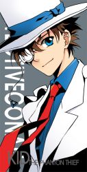 Rule 34 | 1boy, blouse, blue eyes, blue shirt, brown hair, character name, copyright name, formal, grey background, hat, image sample, kaitou kid, kuroba kaito, magic kaito, male focus, mca (dessert candy), md5 mismatch, monocle chain, necktie, pixiv sample, red necktie, shirt, short hair, simple background, smile, solo, suit, top hat, white hat