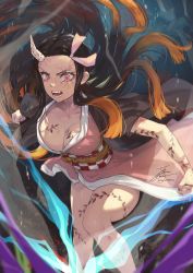 Rule 34 | 1girl, arm tattoo, bare legs, breast tattoo, breasts, brown hair, cleavage, clenched hand, collarbone, commentary request, fadingz, fangs, hair ribbon, haori, highres, horns, japanese clothes, kamado nezuko, kimetsu no yaiba, kimono, large breasts, leg tattoo, long hair, obi, open mouth, pink eyes, pink kimono, pink ribbon, ribbon, sash, signature, single horn, slit pupils, solo, tattoo, veins