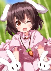 Rule 34 | 1girl, animal, animal ears, black hair, blush, carrot necklace, dress, frilled sleeves, frills, hair between eyes, highres, inaba tewi, necklace, one eye closed, open mouth, orange eyes, pink dress, puffy short sleeves, puffy sleeves, rabbit, rabbit ears, ruu (tksymkw), short hair, short sleeves, smile, solo, touhou, upper body