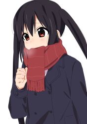 Rule 34 | 1girl, black coat, black hair, blush, breath, brown eyes, closed mouth, coat, hair between eyes, highres, k-on!, long hair, long sleeves, nakano azusa, o0naici0o, red scarf, scarf, sidelocks, simple background, solo, strap, twintails, upper body, white background