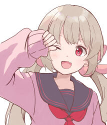 Rule 34 | 1girl, black sailor collar, cardigan, fang, hair ornament, hand over eye, light brown hair, long hair, long sleeves, looking at viewer, low twintails, natori sana, neckerchief, official alternate costume, official alternate hairstyle, one eye closed, open mouth, pink cardigan, rabbit hair ornament, red eyes, red neckerchief, sailor collar, sana channel, simple background, skin fang, smile, solo, twintails, upper body, virtual youtuber, white background, youasato