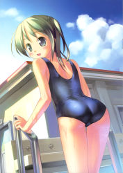 Rule 34 | 1girl, :d, absurdres, ass, black hair, blue eyes, blush, cloud, day, dutch angle, from behind, highres, looking back, one-piece swimsuit, open mouth, original, pool, pool ladder, school swimsuit, shiny clothes, sky, smile, solo, swimsuit, takoyaki (roast), twintails, wet, wet clothes