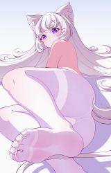 Rule 34 | 1girl, absurdres, animal ear fluff, ass, bad id, bad pixiv id, blush, crossed bangs, feet, foot focus, foreshortening, highres, long hair, looking at viewer, mole, mole under eye, original, pantyhose, purple eyes, simple background, soles, solo, thighs, toes, white background, white hair, white pantyhose, yao (pixiv9482697)