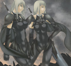 Rule 34 | 2girls, alicia (claymore), beth (claymore), bodysuit, cape, claymore (series), claymore (sword), elbow gloves, gloves, green eyes, long hair, multiple girls, nyami, shoulder pads, sword, weapon