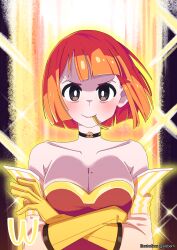 Rule 34 | 1girl, :&gt;, absurdres, alternate breast size, alternate costume, alzbern, black eyes, breasts, bright pupils, burger, choker, cleavage, closed mouth, crossed arms, food, food in mouth, french fries, gloves, highres, looking at viewer, mcdonald&#039;s, mother (yoru mac), medium breasts, mole, mole on breast, mother (yoru mac), orange hair, short hair, solo, superhero costume, white pupils, yellow gloves, yoru mac