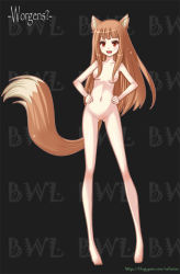 Rule 34 | 1girl, animal ears, barefoot, blush, censored, convenient censoring, crossover, hair censor, hair over breasts, hands on own hips, holo, legs, long hair, narrow waist, nefarian, no nipples, no pussy, nude, orange hair, red eyes, smile, solo, spice and wolf, tail, teeth, warcraft, wolf ears, wolf tail, worgen, world of warcraft