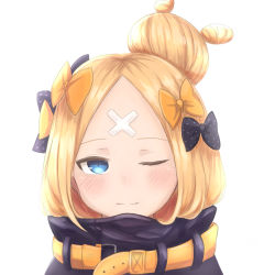 Rule 34 | 1girl, abigail williams (fate), abigail williams (traveling outfit) (fate), absurdres, black bow, black jacket, blonde hair, blue eyes, blush, bow, closed mouth, commentary request, crossed bandaids, fate/grand order, fate (series), hair bow, hair bun, highres, jacket, long hair, looking at viewer, official alternate costume, one eye closed, orange bow, parted bangs, polka dot, polka dot bow, portrait, sato (r017xts117), simple background, single hair bun, solo, white background