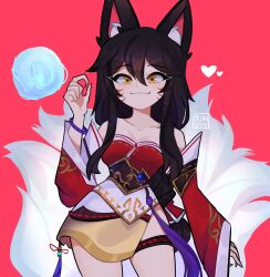 Rule 34 | 1girl, absurdres, ahri (league of legends), animal ears, artist name, bare shoulders, black hair, breasts, cleavage, collarbone, contrapposto, cowboy shot, detached sleeves, facial mark, fox, fox ears, fox girl, fox tail, hair between eyes, heart, highres, korean clothes, kyuubi, large breasts, league of legends, long hair, looking at viewer, magic, mizah (mizah), multiple tails, red background, red sleeves, smile, solo, tail, whisker markings, white sleeves, yellow eyes