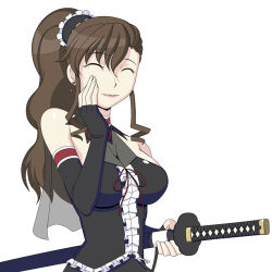 Rule 34 | 00s, 1girl, :d, ^ ^, black gloves, blush, breasts, brown hair, caryo, center frills, closed eyes, coyote ragtime show, elbow gloves, frills, gloves, hand on own face, holding, holding sword, holding weapon, july (coyote ragtime show), katana, large breasts, lowres, nanashino, open mouth, sheath, sheathed, simple background, smile, solo, sword, upper body, weapon, white background