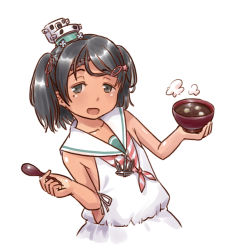 Rule 34 | 1girl, :d, black eyes, black hair, bowl, braid, commentary request, dress, holding, holding bowl, holding spoon, kantai collection, karasu (naoshow357), looking at viewer, mole, mole under eye, neckerchief, open mouth, sailor collar, sailor dress, scirocco (kancolle), shiruko (food), short hair, simple background, sleeveless, sleeveless dress, smile, solo, spoon, striped neckerchief, striped neckwear, tan, tareme, two side up, upper body, white background, white sailor collar