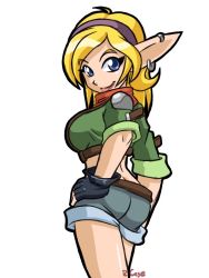 Rule 34 | 1girl, ass, blonde hair, blue eyes, breasts, cleavage, cowboy shot, ear piercing, earrings, fingerless gloves, gloves, green shirt, hairband, headband, jak and daxter, jak ii, jewelry, long ears, long hair, long pointy ears, looking at viewer, looking back, medium breasts, midriff, piercing, pointy ears, shirt, short shorts, shorts, simple background, smile, solo, standing, swept bangs, tagme, tess (jak and daxter), white background